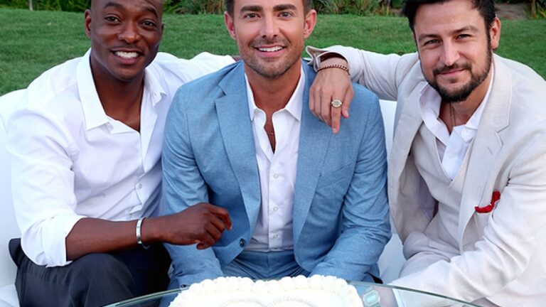 BJ Britt, Jonathan Bennett, and Tyler Hynes celebrate the announcement of a new trilogy of Hallmark romance movies. The Groomsmen is headed to Hallmark+ this fall. (Image: Hallmark Media)